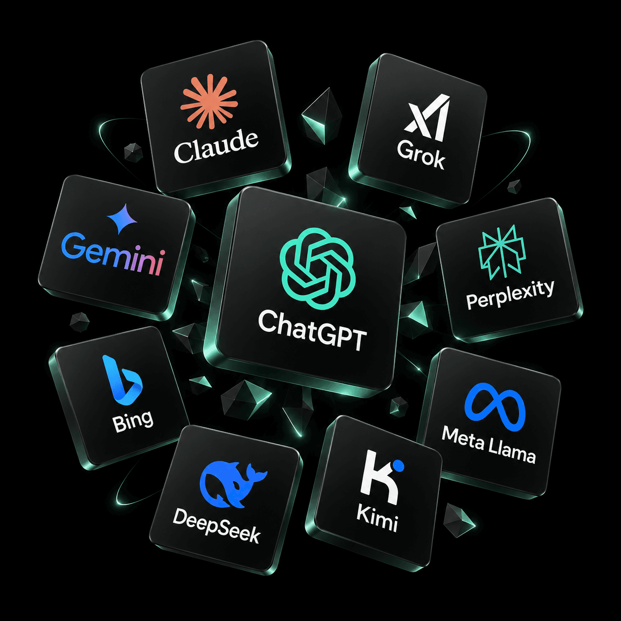 ChatGPT, Claude, Gemini, Perplexity, Grok, Bing, DeepSeek, Kimi and Meta Llama — the AI assistants buyers ask for recommendations