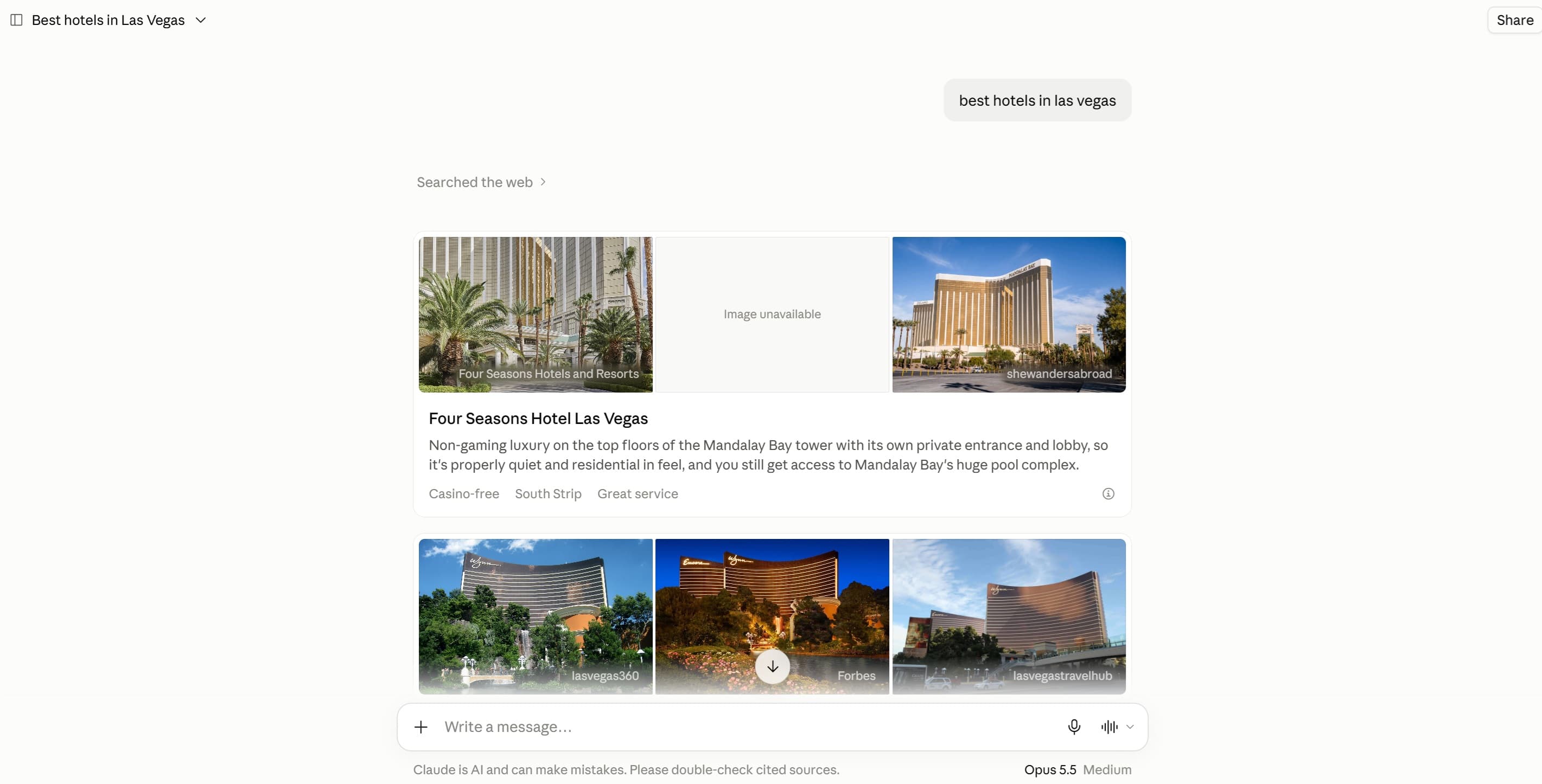 A Claude conversation answering “best hotels in las vegas” with recommended hotels and cited sources