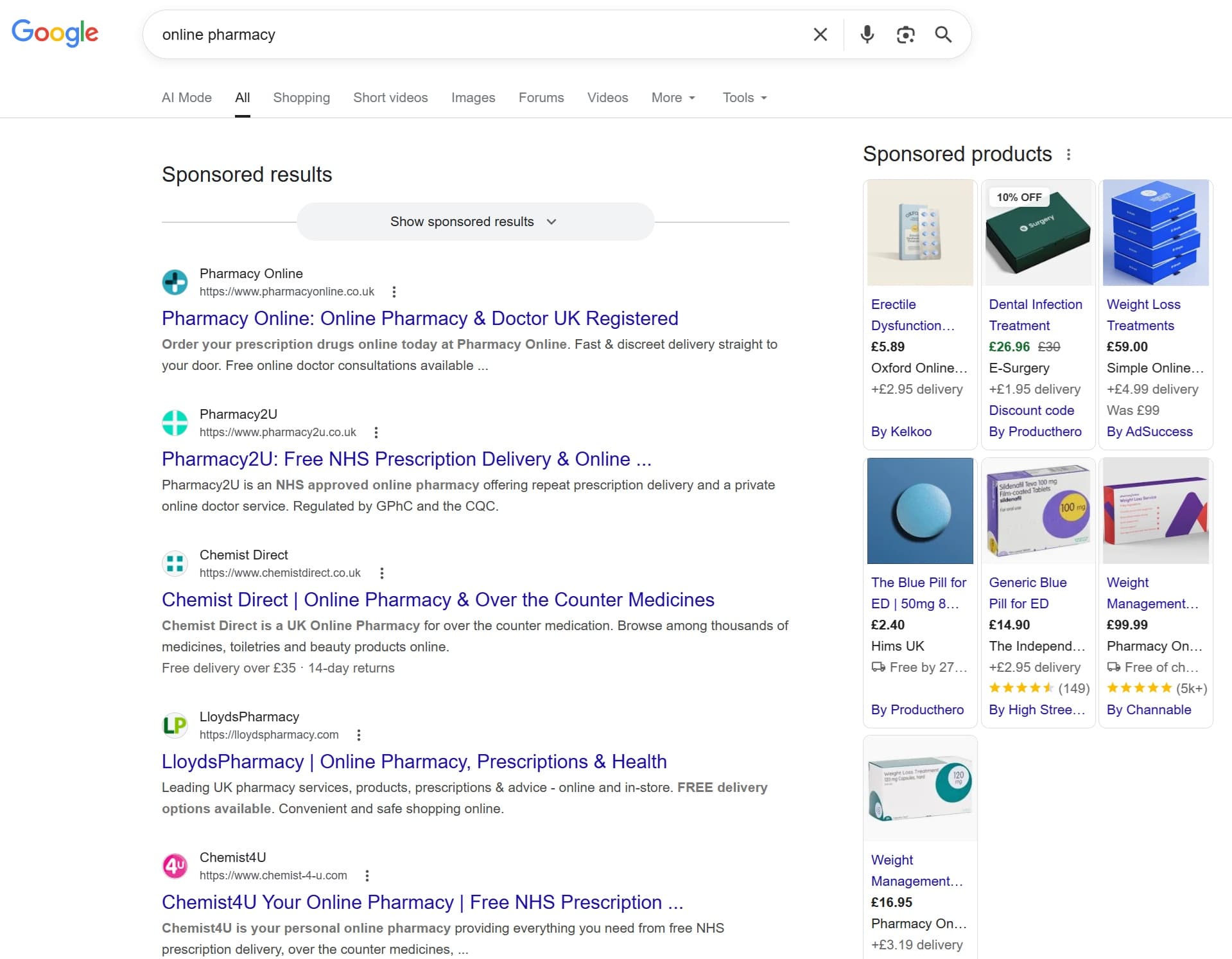 Google search results page for 'online pharmacy' showing Pharmacy Online ranking #1