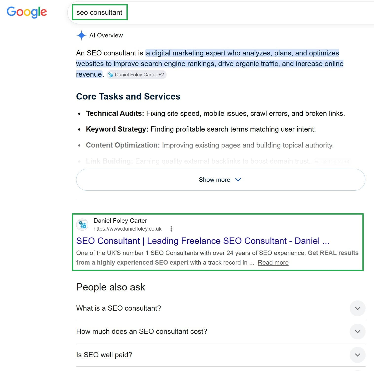Daniel Foley Carter ranking #1 on Google for 'seo consultant'